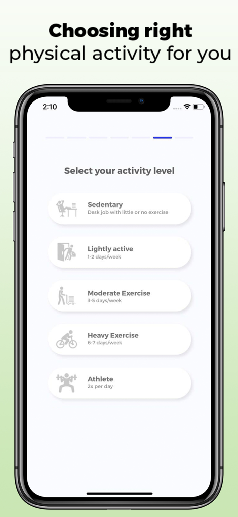 Carb Counter - Calorie King RP - Interface for selecting daily activity level from sedentary to athlete in the Carb Counter app