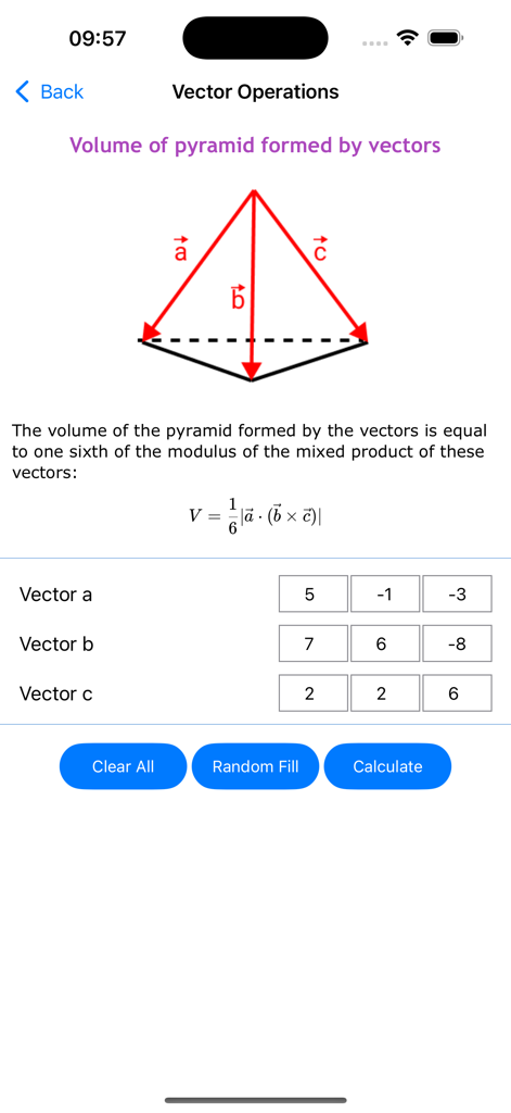 Bildschirm für Vektoroperationen, der den Rechner für das Volumen einer Pyramide mit geometrischem Diagramm und mathematischer Formel zeigt.