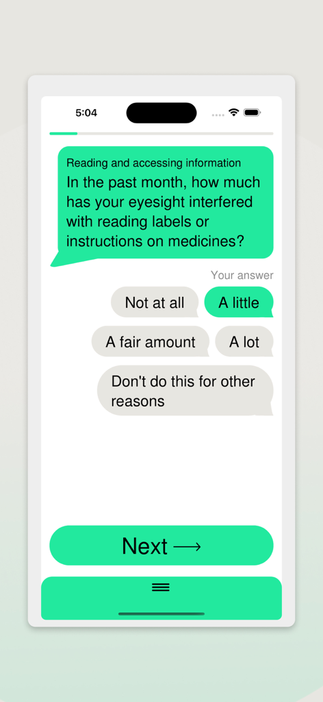 Alleye - Alleye app screen displaying a questionnaire about how eyesight interferes with reading medicine labels