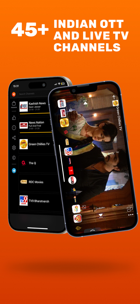 TV One app interface displaying a list of Indian OTT and live TV channels on two iPhones
