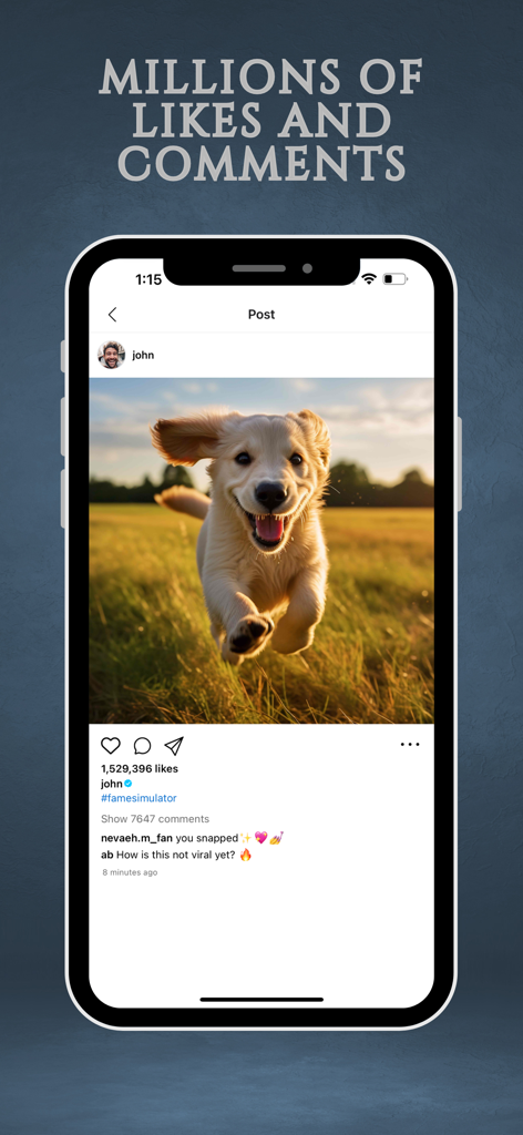 Fame Simulator - Simulación de una publicación en redes sociales que muestra un cachorro con millones de me gusta y comentarios.