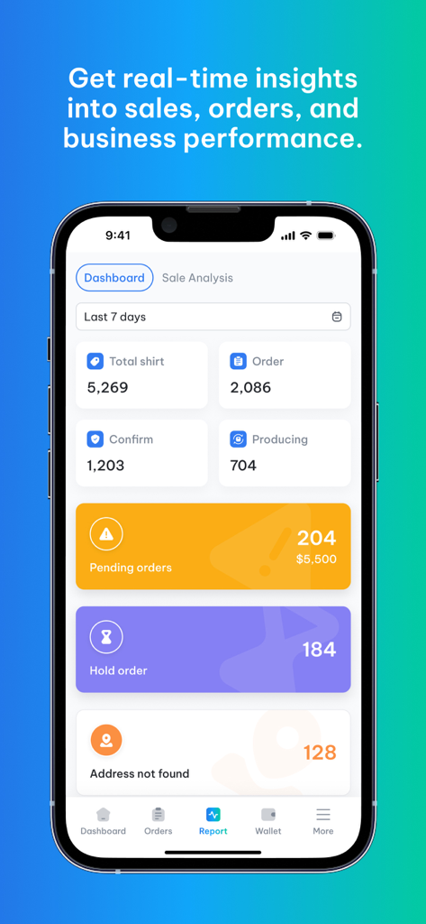 Dashboard dell'app mobile FlashPOD che mostra le prestazioni di vendita in tempo reale e il monitoraggio dello stato degli ordini