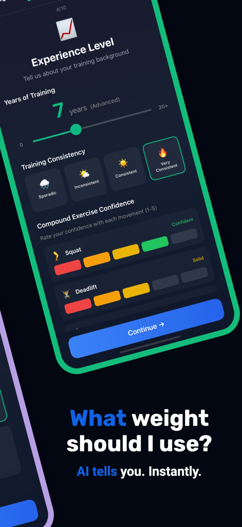 Arvo: AI Workout Coach - Arvo app onboarding screen showing user settings for training experience level, consistency, and exercise confidence.