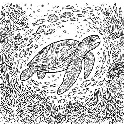 Embark on an underwater adventure with this beautiful sea turtle coloring page, featuring a majestic turtle gracefully navigating a vibrant coral reef. This intricate design is perfect for celebrating ocean life and promoting sea turtle conservation through art.