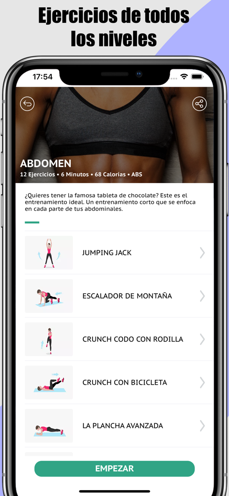 Home Exercises- No Equipment - Mobile screen showing a six-minute abdominal workout routine with exercises like jumping jacks and mountain climbers.