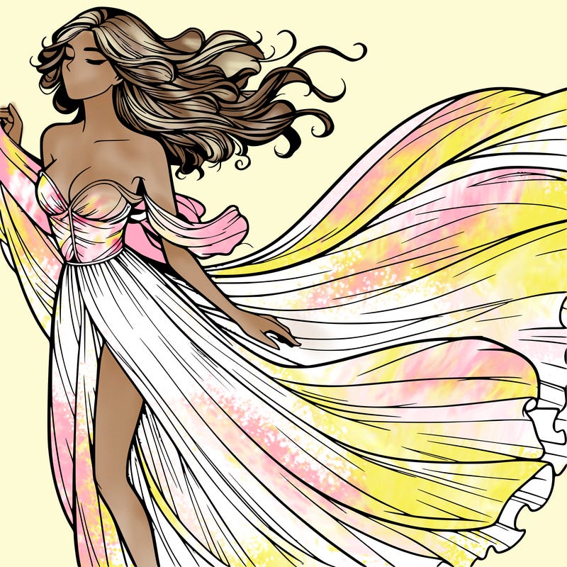 realistic woman in dress flowing the the wind