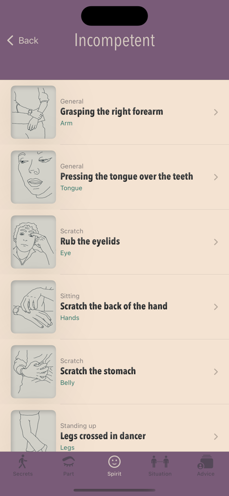 Body Secrets - Oberfläche der Body Secrets App, die eine Liste von Körpergesten anzeigt, die mit dem Geisteszustand 'Inkompetent' verbunden sind.
