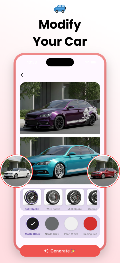 AI Car Design: Custom Maker - Smartphone-Bildschirm, der die Benutzeroberfläche der AI Car Design App mit verschiedenen Felgen- und Lackfarbenoptionen zur Modifizierung eines Autos zeigt
