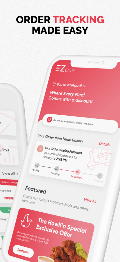 EZeats: A New Food Experience - EZeats app screen displaying live order tracking status and featured food discounts