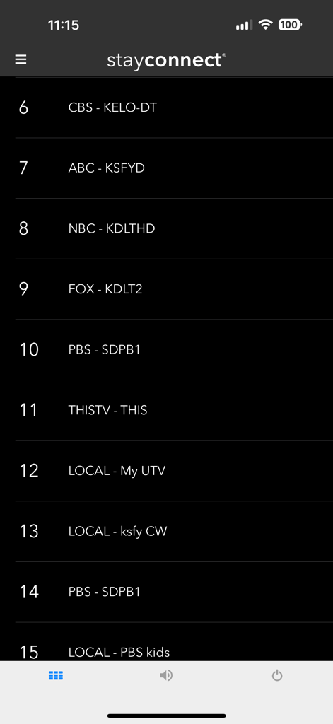 stayconnect remote app interface showing a list of hotel tv channels