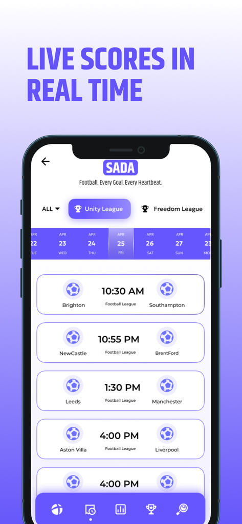 Sada Football - Live Today - Tela de smartphone mostrando o aplicativo Sada Futebol com placares ao vivo e cronograma de próximos jogos de futebol