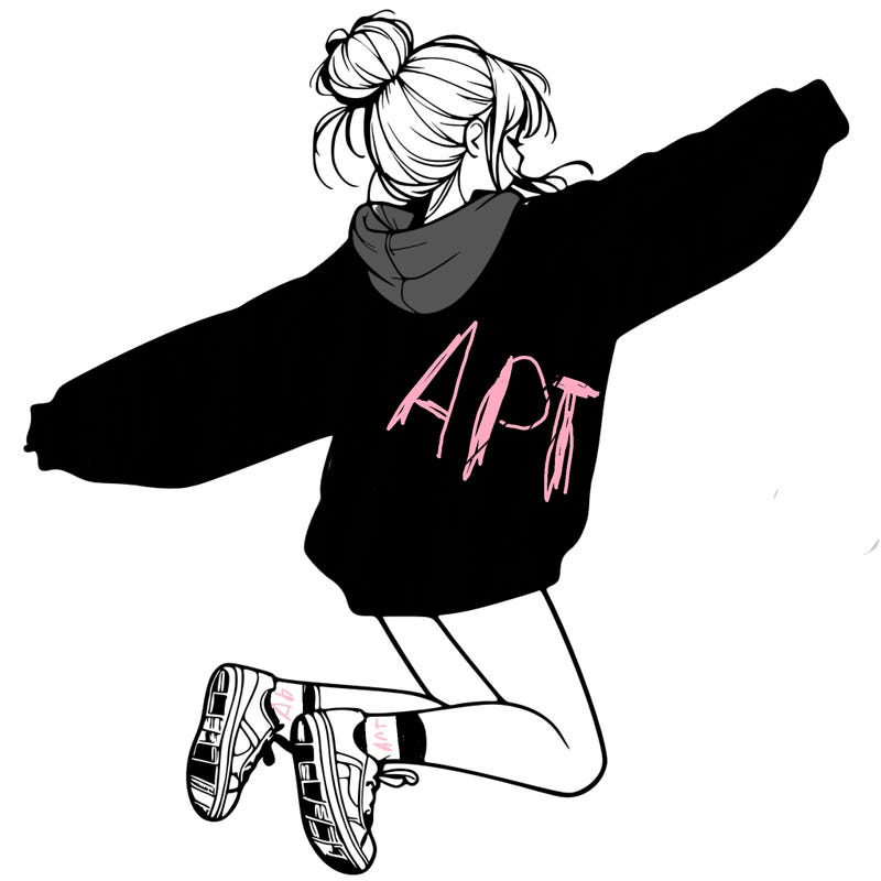 realistic girl jumping with a bun and oversized sweatshirt