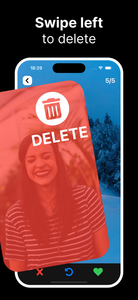 Photo Cleaner app interface showing a swipe left gesture to delete a photo with a red trash icon overlay