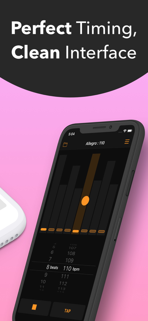 Interfaz de la aplicación BounceMeter en un iPhone mostrando el metrónomo visual de bola que rebota y los ajustes de tempo
