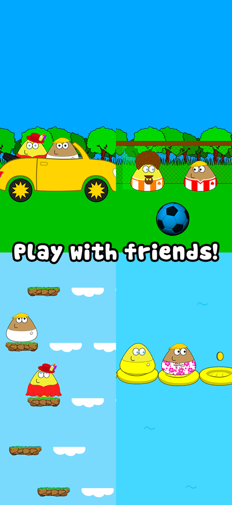 Un collage montrant les personnages de Pou jouant à divers mini-jeux comme le football et la course avec des amis