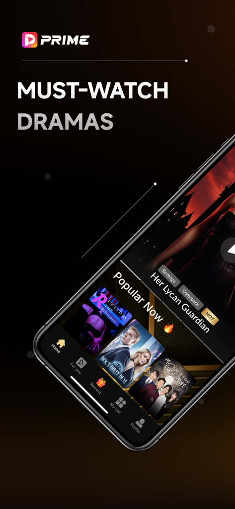 Prime Drama - A smartphone displaying the Prime Drama app's home screen with popular short-form drama titles and a dark user interface.