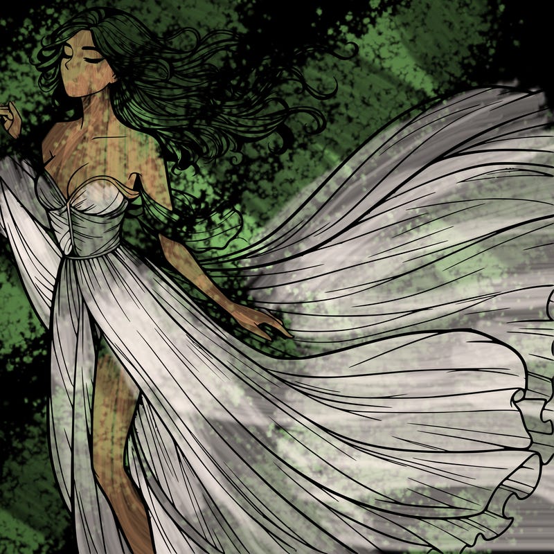 realistic woman in dress flowing the the wind