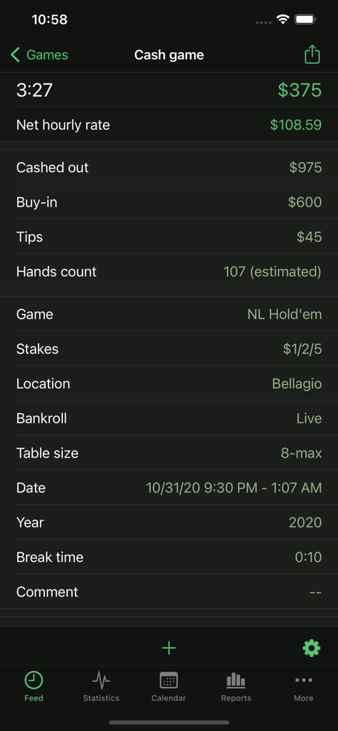Poker Analytics 6 - Tracker - Resumen detallado de una sesión de póker en efectivo en vivo en el Bellagio que muestra el beneficio neto y la tarifa horaria