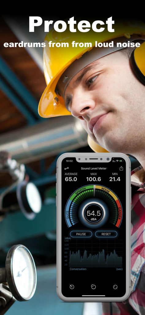 A worker using the sound meter app to monitor noise levels for hearing protection