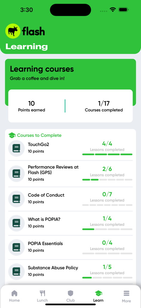 Flash Life - Pantalla de aprendizaje de la aplicación Flash Life que muestra el progreso del curso y los puntos de recompensa obtenidos
