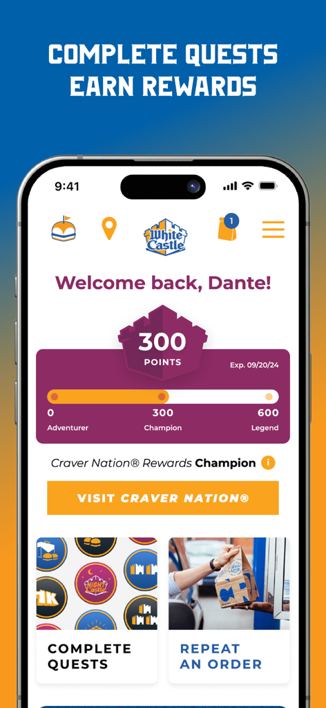 White Castle Online Ordering - Interfaccia dell'app White Castle che mostra i punti fedeltà e lo stato dei premi Craver Nation