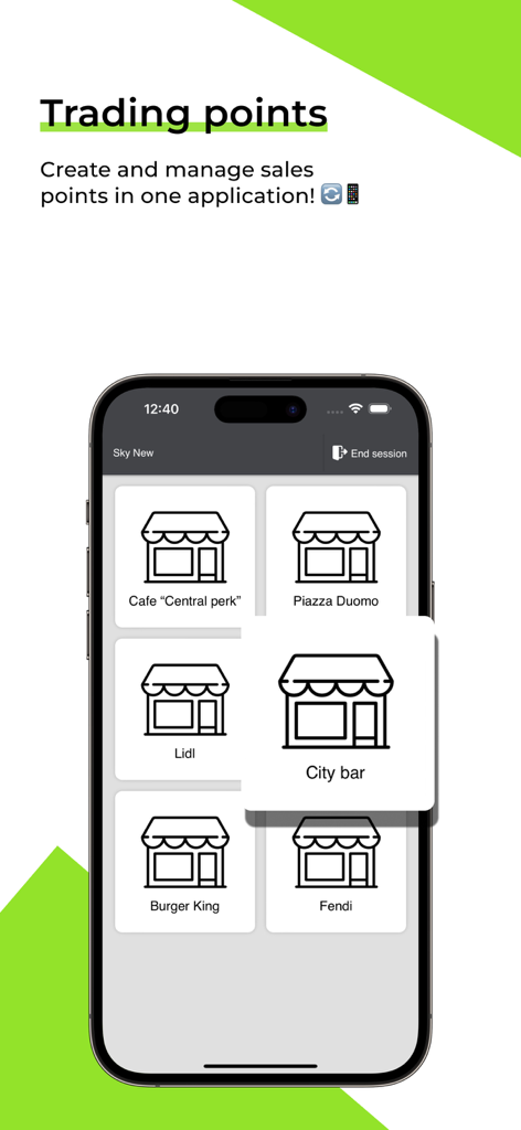SkyPOS Cloud POS - SkyPOS mobile app interface for managing multiple sales points and business locations