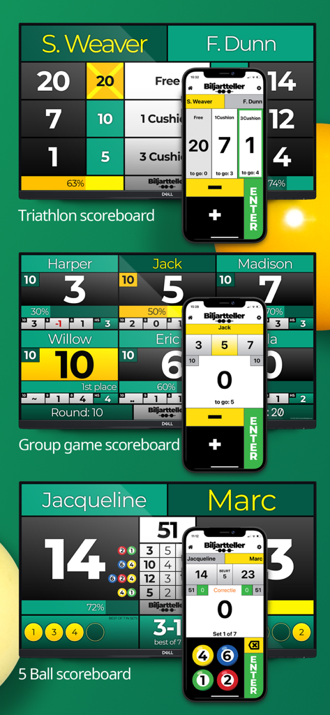 Marcadores digitales para varios tipos de juegos de billar carambola controlados por una aplicación móvil