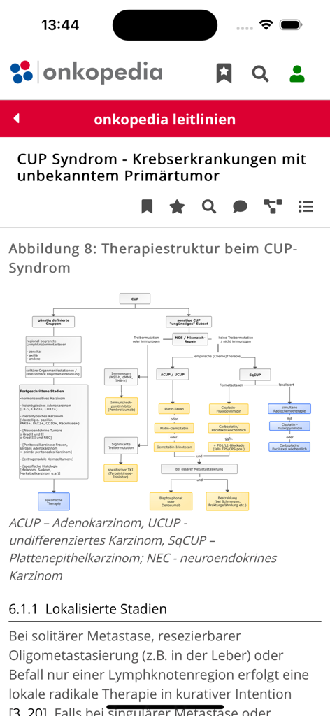 Onkopedia Leitlinienportal - Onkopedia medizinische App mit einem Behandlungsstruktur-Flussdiagramm für CUP-Syndrom