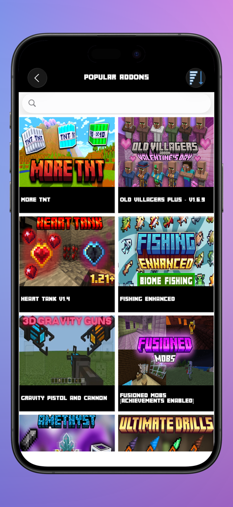 Eine Liste beliebter Minecraft PE Addons in einer mobilen App mit TNT-Mods, Herzpanzern und Gravitationskanonen.