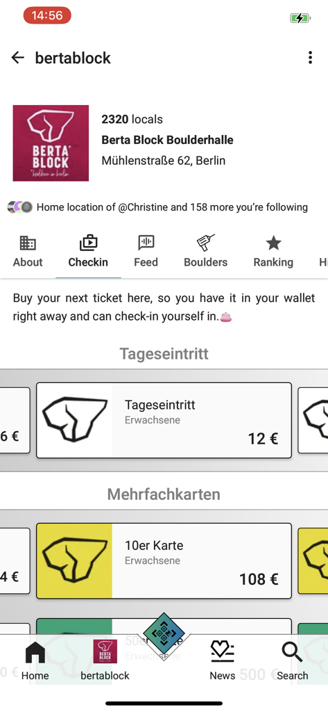 BETA7 - BETA7 app interface showing the check-in and ticket purchase screen for Berta Block climbing gym.