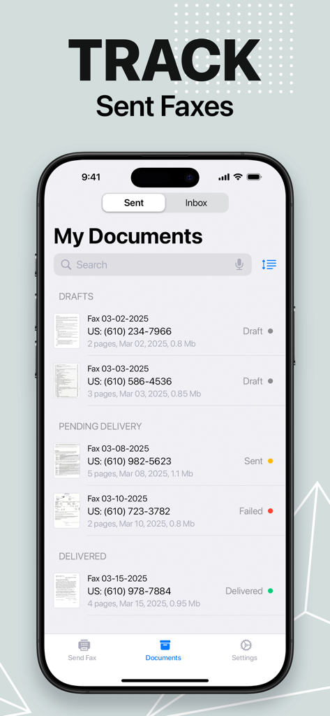FaxFree: Send Fax From iPhone - Uno schermo di iPhone che mostra la funzione di monitoraggio dei documenti dell'app FaxFree che visualizza i fax inviati con aggiornamenti di stato come bozza in attesa e consegnato
