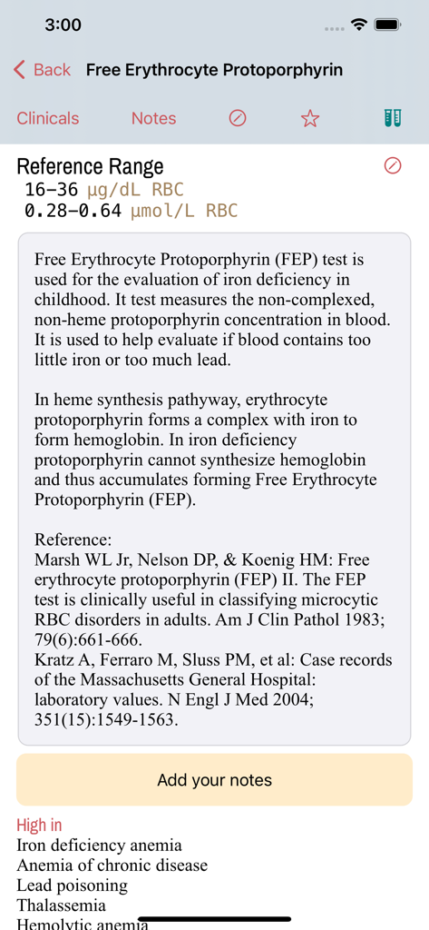 LabGear – Medical Lab Tests - Informations de référence détaillées sur la protoporphyrine érythrocytaire libre dans l'application médicale LabGear