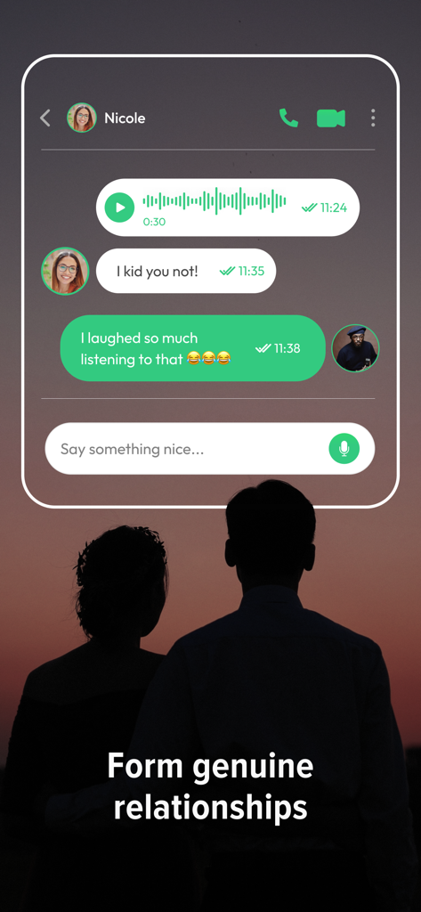 Trueflutter: African Dating - Trueflutter dating app chat screen showing voice notes and text messages between a couple