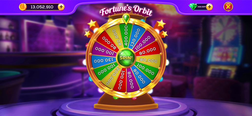 A colorful Fortune's Orbit bonus prize wheel in Crazy Slots Royal Casino Game showing various coin reward amounts.
