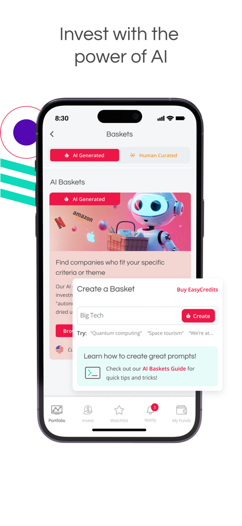 Interfaz de la aplicación EasyEquities para crear cestas de inversión impulsadas por IA