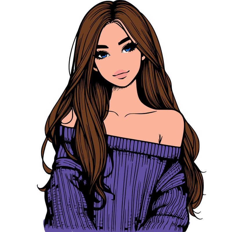 realistic girl with long hair wearing an off the shoulder sweater