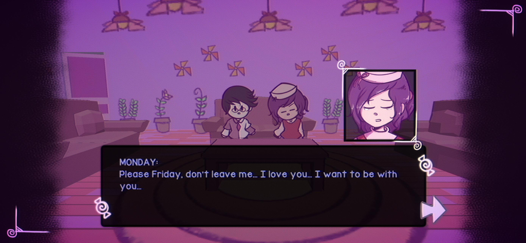 Sundy Stairway - Una emotiva escena de diálogo entre dos personajes en una habitación de tono púrpura del juego Sundy Stairway.