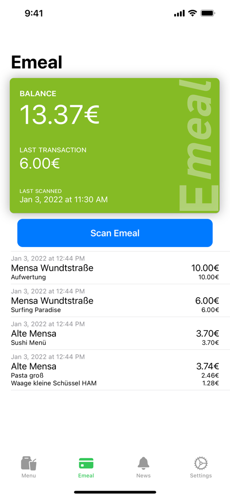 Mensa Dresden - Mensa Dresden app Emeal card balance and transactions