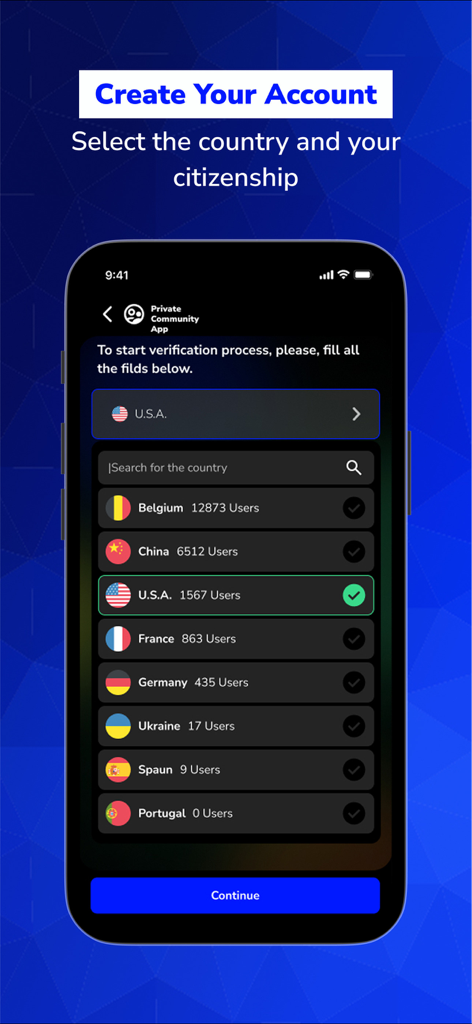 MyVoiceCounts - Pantalla de creación de cuenta de la aplicación móvil MyVoiceCounts para seleccionar país y verificación de ciudadanía