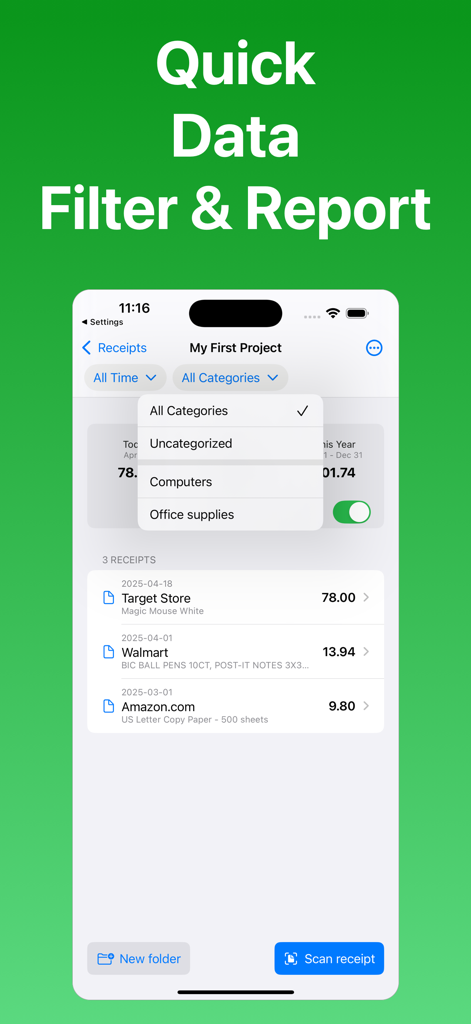 Receipt Scanner by Zeple AI - Interfaz de la aplicación Zeple AI que muestra la categorización de recibos y las opciones de filtrado de gastos