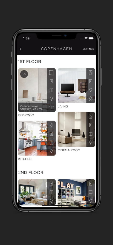 BeoLiving - BeoLiving app displaying a luxury smart home dashboard with room by room controls