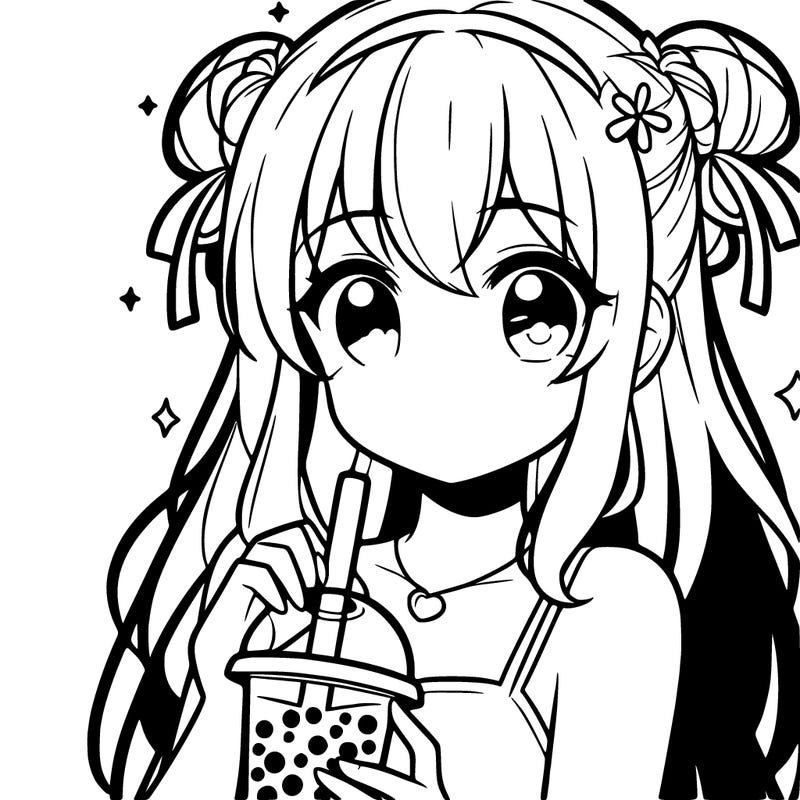 a cute teenage anime girl holding boba tea
