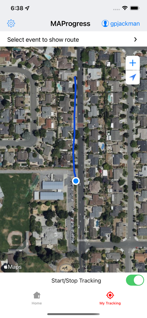 MAProgress app screen showing a blue tracking line on a satellite map with a start stop toggle