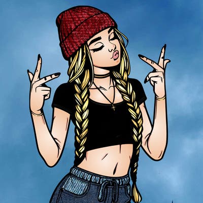 realistic teenage girl with braids and a beanie and crop top doing 🫶🏼