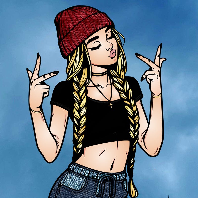 realistic teenage girl with braids and a beanie and crop top doing 🫶🏼
