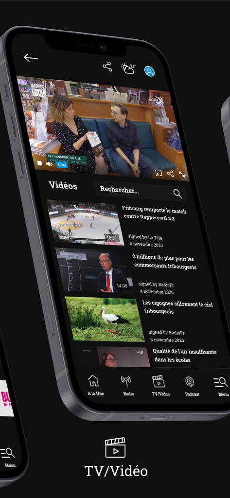 Frapp - Oberfläche der Frapp-App für Videos, die regionale Nachrichten und Sportinhalte im Dark Mode anzeigt