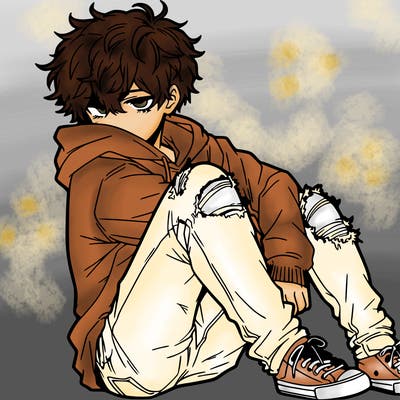 a male hoddie ripped jeans messy hair anime