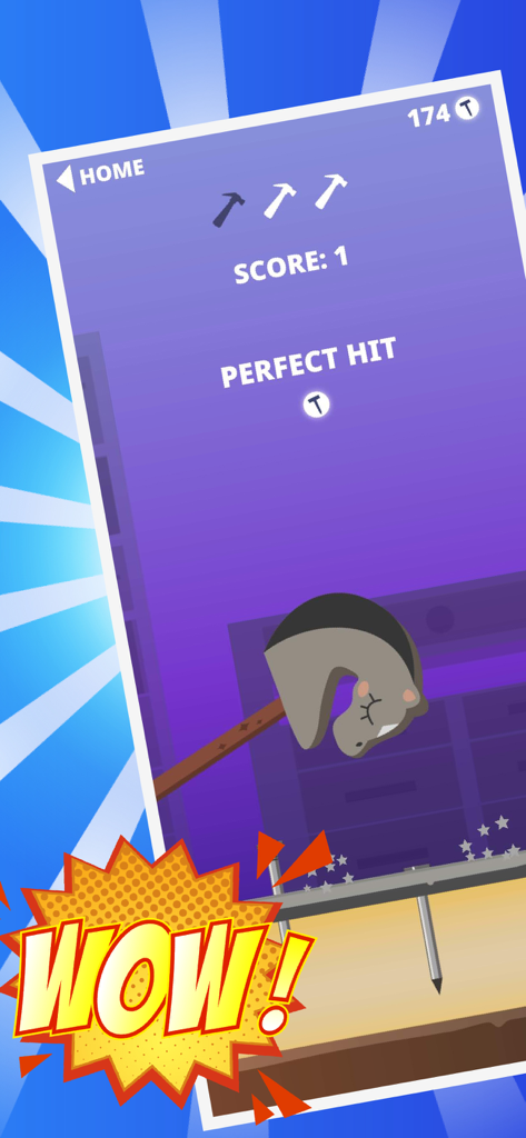 Hammer & Nail - Carpenter Hero - Gameplay screenshot of Hammer and Nail Carpenter Hero showing a perfect hit with a horse head hammer skin