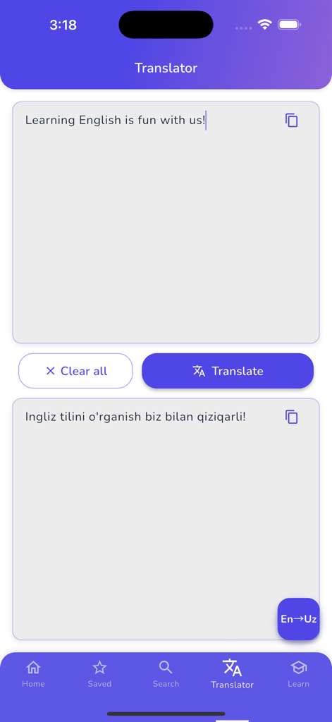 Screenshot of the translator feature in the BRIDG app showing English to Uzbek translation.
