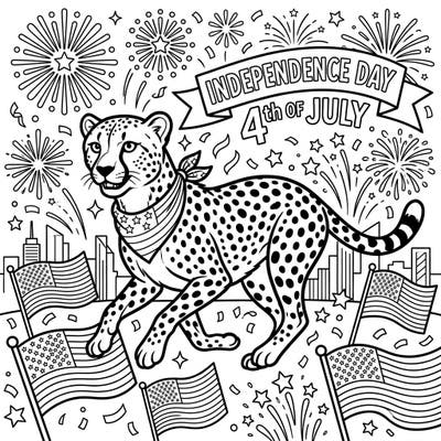 Get ready for a wild celebration with this unique Independence Day coloring page featuring a majestic cheetah. It's the perfect way to combine your love for animals and American festivities.